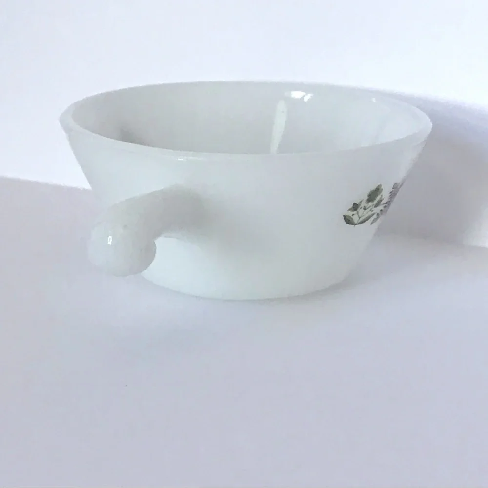 Anchor Hocking Fire King Milk Glass Meadow Green Bar Handle Soup Bowl 70s